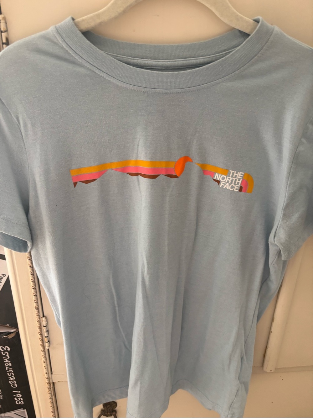 The North Face Light Blue Tee with Sunset Stripe Graphic